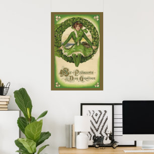 Vintage St. Patrick's Day, Irish Lass in a Wandan Poster