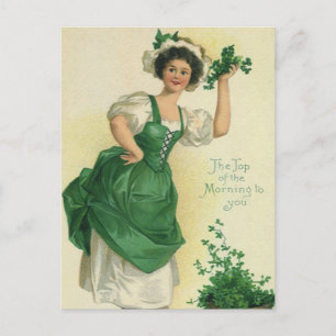 Vintage St. Patrick's Day Irish Lass med Klöver Vykort
