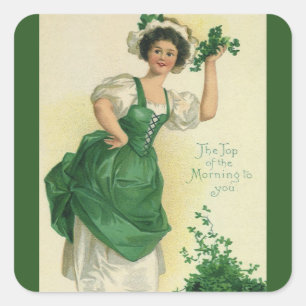 Vintage St. Patrick's Day Irländsk ungmö med klöve Fyrkantigt Klistermärke