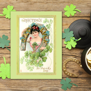 Vintage St. Patrick's Day Lassie med Horseshoe Vykort