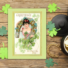 Vintage St. Patrick's Day Lassie med Horseshoe Vykort