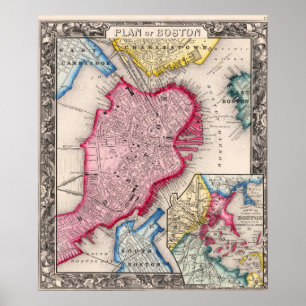 Vintage stadskarta över Boston 1860 Poster