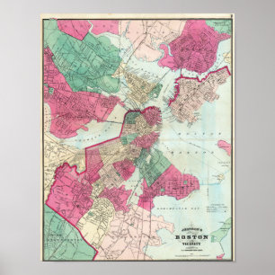 Vintage stadskarta över Boston 1870 Poster