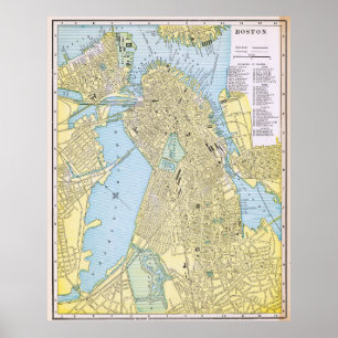 Vintage stadskarta över Boston 1888 Poster