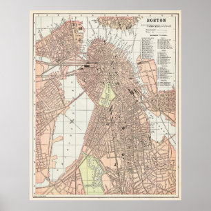 Vintage stadskarta över Boston 1893 Poster