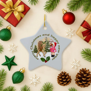 Vintage Star Ornament Girl med Leksak Horse Scene