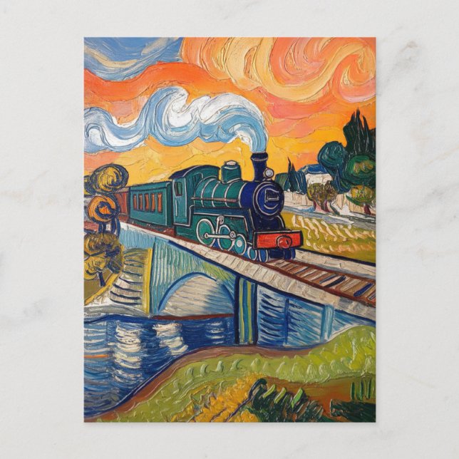 Vintage Steam Engine crossing Bridge painting Vykort (Framsida)