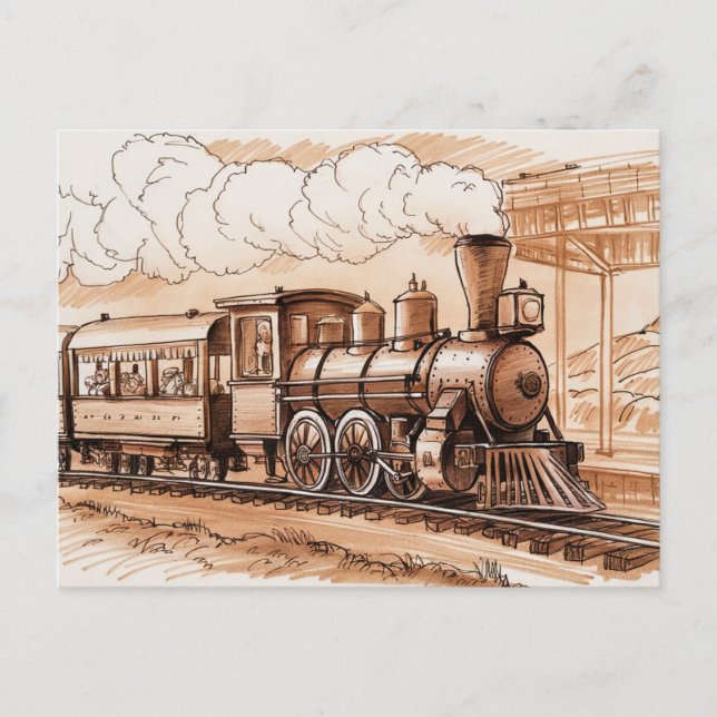 Vintage Steam Engine Train Sketch Vykort (Framsida)
