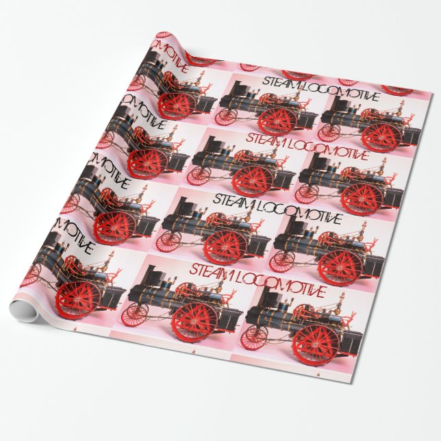 VINTAGE STEAM LOCOMOTIVE Red Black White Presentpapper (Utrullad)