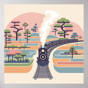 Vintage Steam Tåg i en Dreamy Pastel Forest - Mi Poster