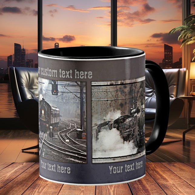 Vintage Steam Tåg Personlig Photo Mugg (Mug with vintage steam locomotives. Great personalized gift for co-worker, friend or family)