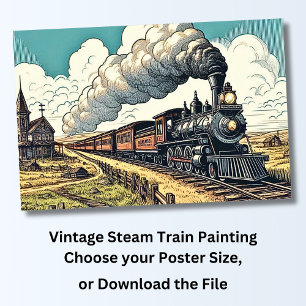 Vintage Steam Tåg Teckning Poster