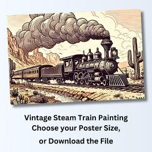 Vintage Steam Tåg Teckning Poster