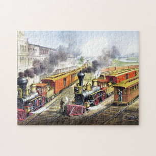 Vintage Steam Tåg Travel Illustration Art Pussel