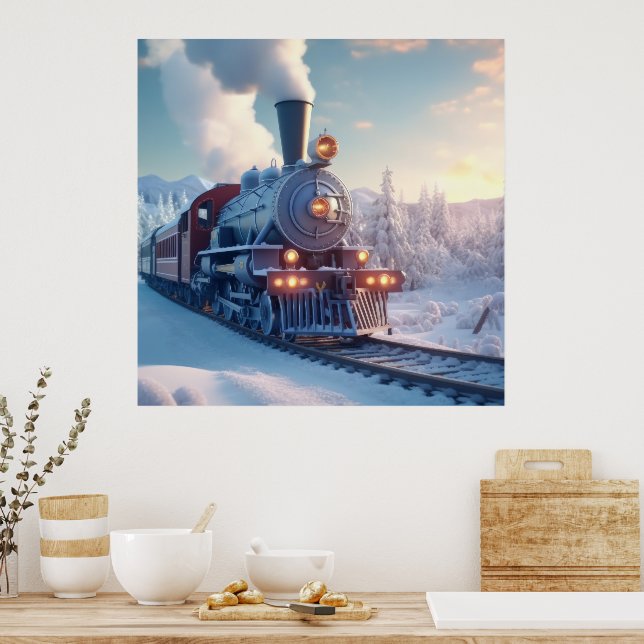 Vintage Steam Tåg Winter Ligcape Snö Mountain Poster (Kök)
