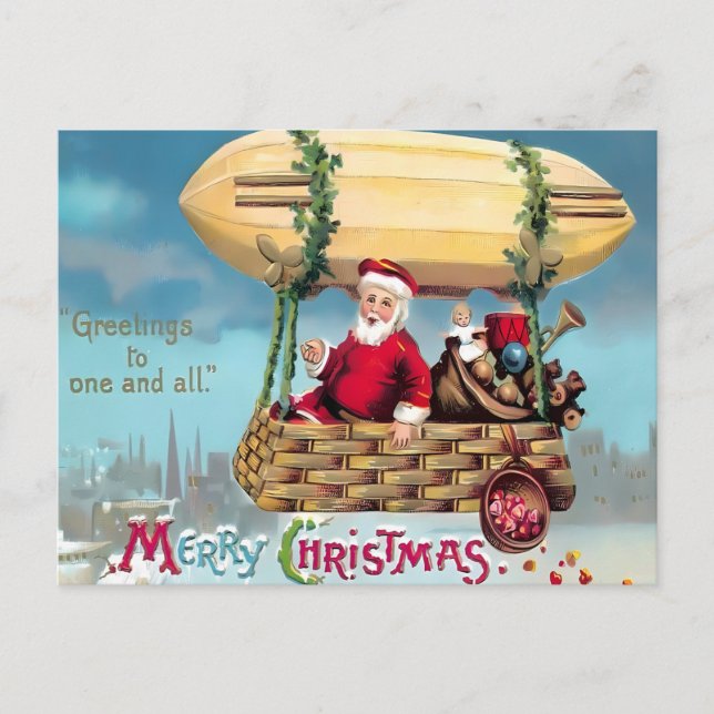Vintage Steampunk Airship Santa 'Greetings' Merry  Vykort (Framsida)