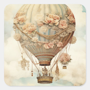 Vintage Steampunk Blommigt Blue Luftballong (2) Fyrkantigt Klistermärke