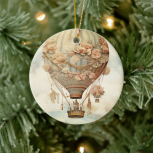 Vintage Steampunk Blommigt Blue Luftballong (2) Julgransprydnad Keramik