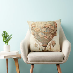 Vintage Steampunk Blommigt Blue Luftballong (2) Kudde