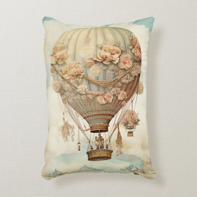 Vintage Steampunk Blommigt Blue Luftballong (2) Prydnadskudde (Framsidan(Vertikal))