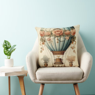 Vintage Steampunk Blommigt Blue Luftballong Kudde