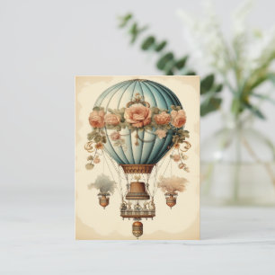 Vintage Steampunk Blommigt Blue Luftballong Vykort