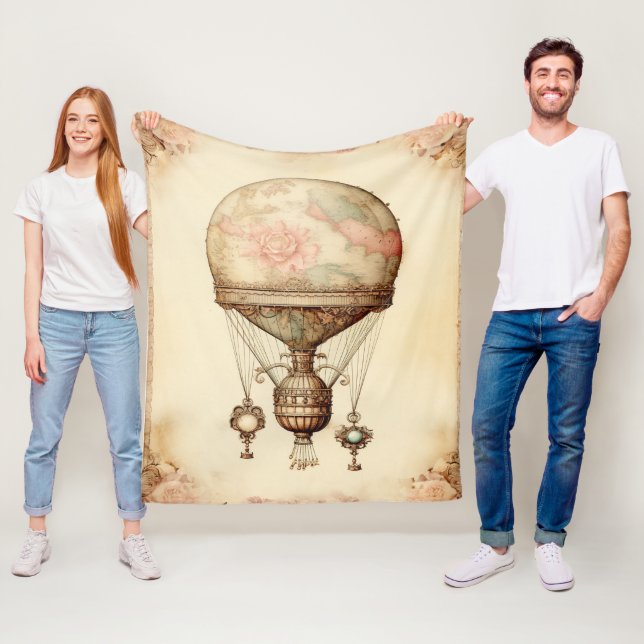 Vintage Steampunk Blommigt Luftballong Fleecefilt (På plats)