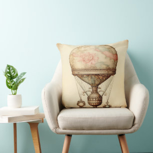 Vintage Steampunk Blommigt Luftballong Kudde