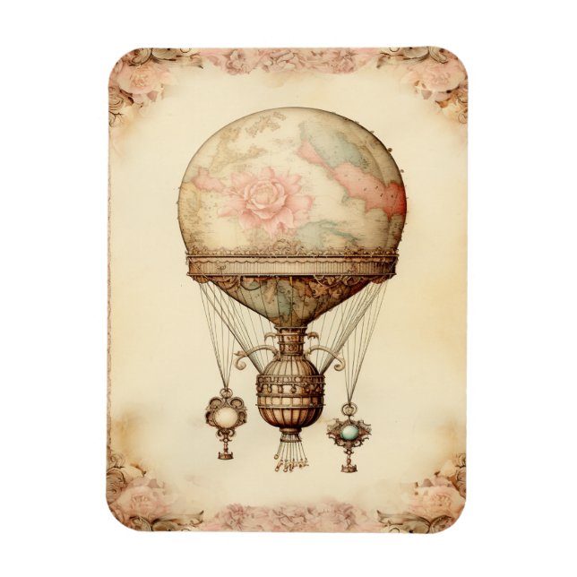Vintage Steampunk Blommigt Luftballong Magnet (Vertikal)