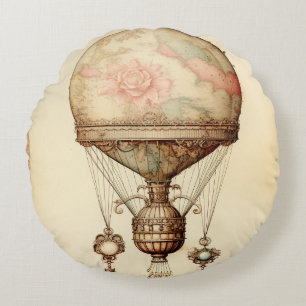 Vintage Steampunk Blommigt Luftballong Rund Kudde