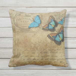 Vintage Steampunk Blue Butterflies on Parchment Kudde