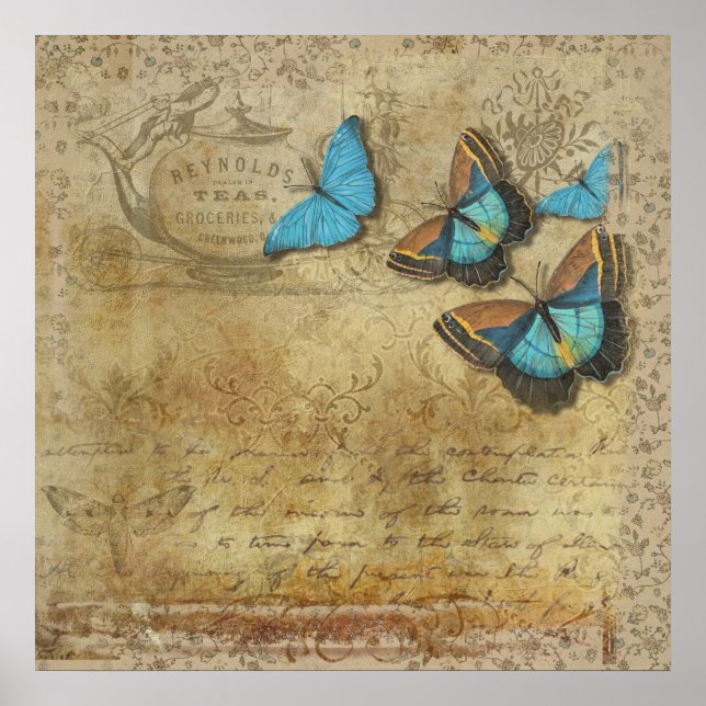 Vintage Steampunk Blue Butterflies on Parchment Poster (Framsidan)
