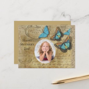 Vintage Steampunk Blue Butterflies on Parchment Vykort