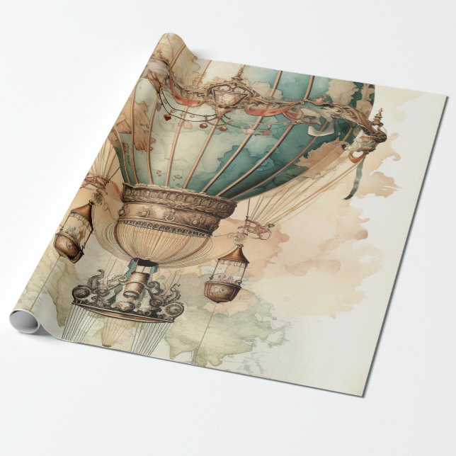 Vintage Steampunk Blue Luftballong (2) Presentpapper (Utrullad)