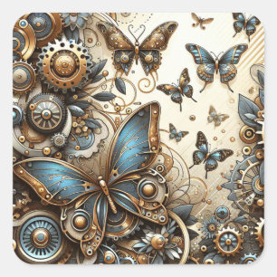 Vintage Steampunk Butterflies Fyrkantigt Klistermärke