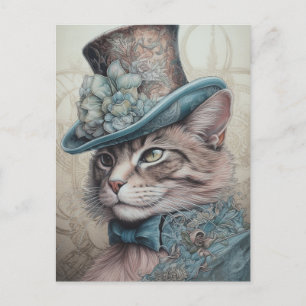 Vintage Steampunk Cat i Blue Kostym Vykort