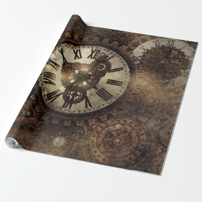 Vintage Steampunk Clocks Presentpapper (Utrullad)