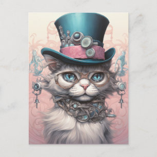 Vintage Steampunk Katt i Blue Tophat Vykort