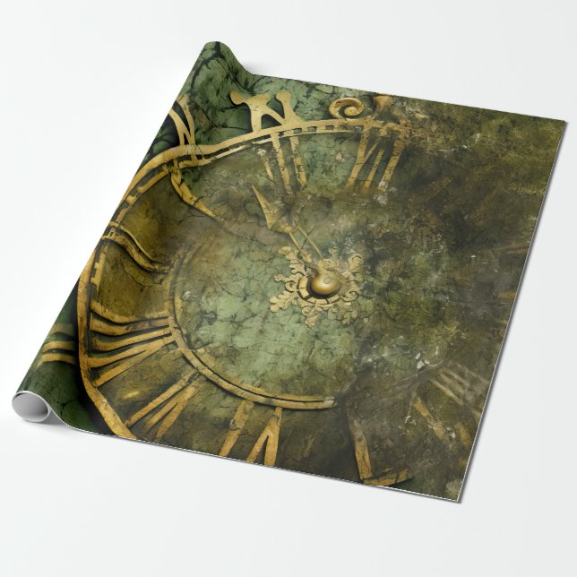 Vintage Steampunk Klockverk Smaragd Presentpapper (Utrullad)