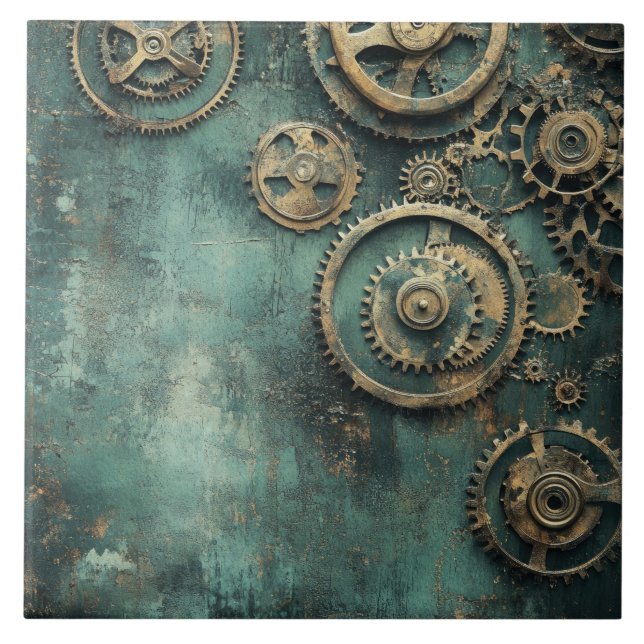Vintage Steampunk Kugghjul & Urverk Kakelplatta (Framsidan)