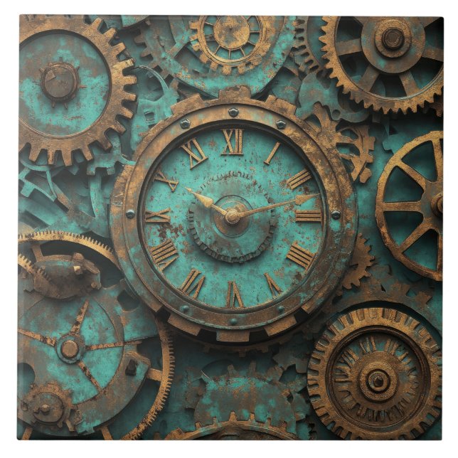 Vintage Steampunk Kugghjul & Urverk Kakelplatta (Framsidan)