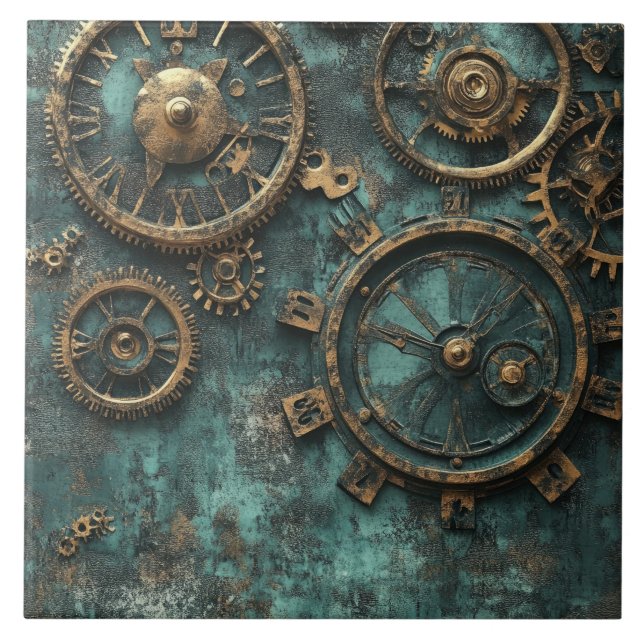 Vintage Steampunk Kugghjul & Urverk Kakelplatta (Framsidan)