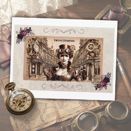 Vintage Steampunk Kvinna Glasögon Klocka Postkort Vykort
