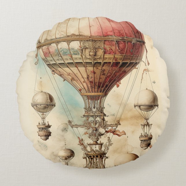 Vintage Steampunk Luftballong (4) Rund Kudde (Framsidan)