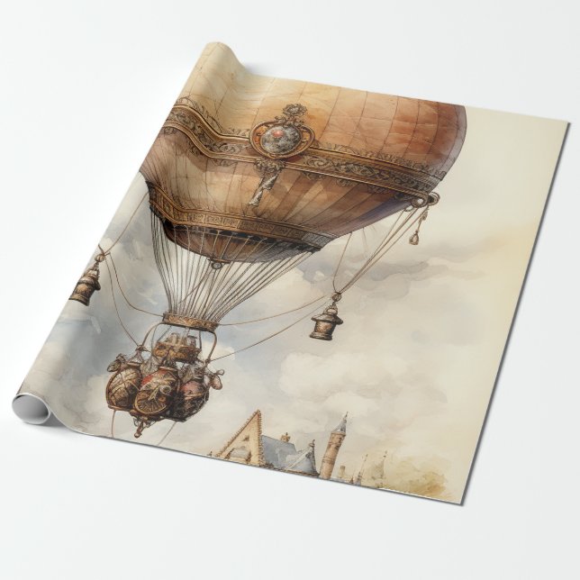 Vintage Steampunk Luftballong Presentpapper (Utrullad)
