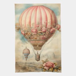 Vintage Steampunk Rosa Blommigt Luftballong Kökshandduk