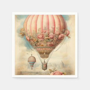 Vintage Steampunk Rosa Blommigt Luftballong Pappersservett