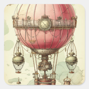 Vintage Steampunk Rosa Luftballong (2) Fyrkantigt Klistermärke