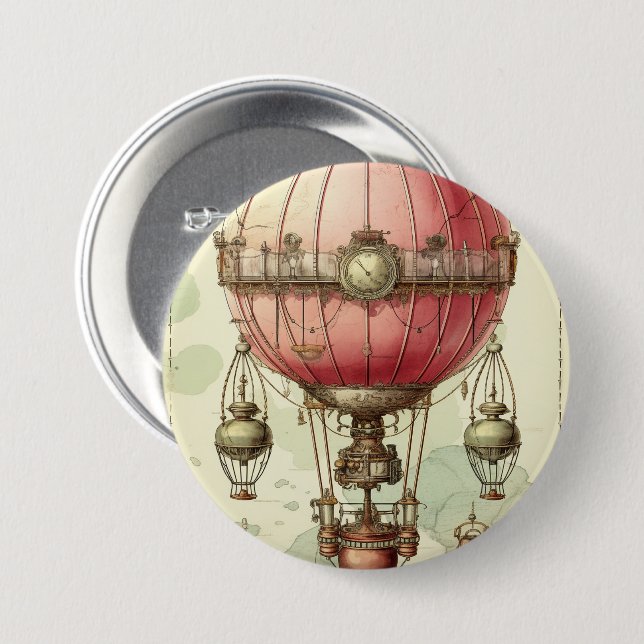 Vintage Steampunk Rosa Luftballong (2) Knapp (Framsida & baksida)