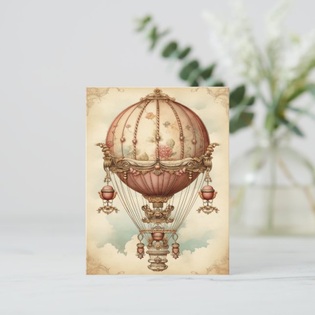 Vintage Steampunk Rosa Luftballong Vykort (Stående Fram)
